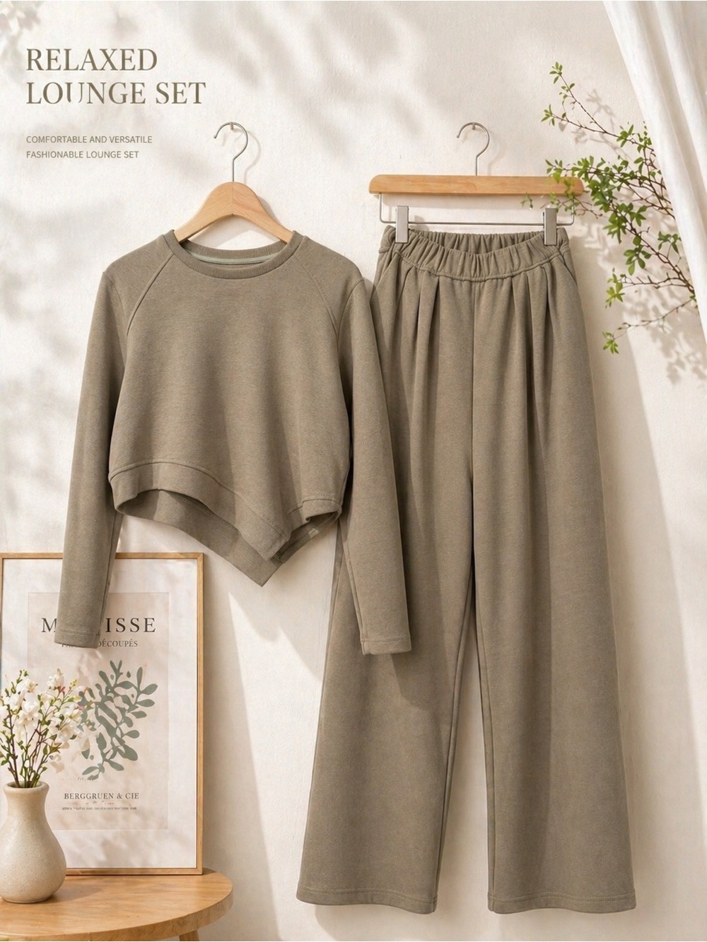 Olive 2 Piece Lounge Set Asymmetrical Top Wide Leg Pants Chic Casual Outfit S